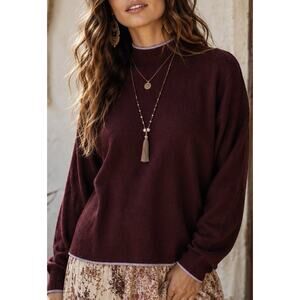 Anthropologie Mock Neck Sweater XL Burgundy Pink Trim Soft Knit Pullover Top
